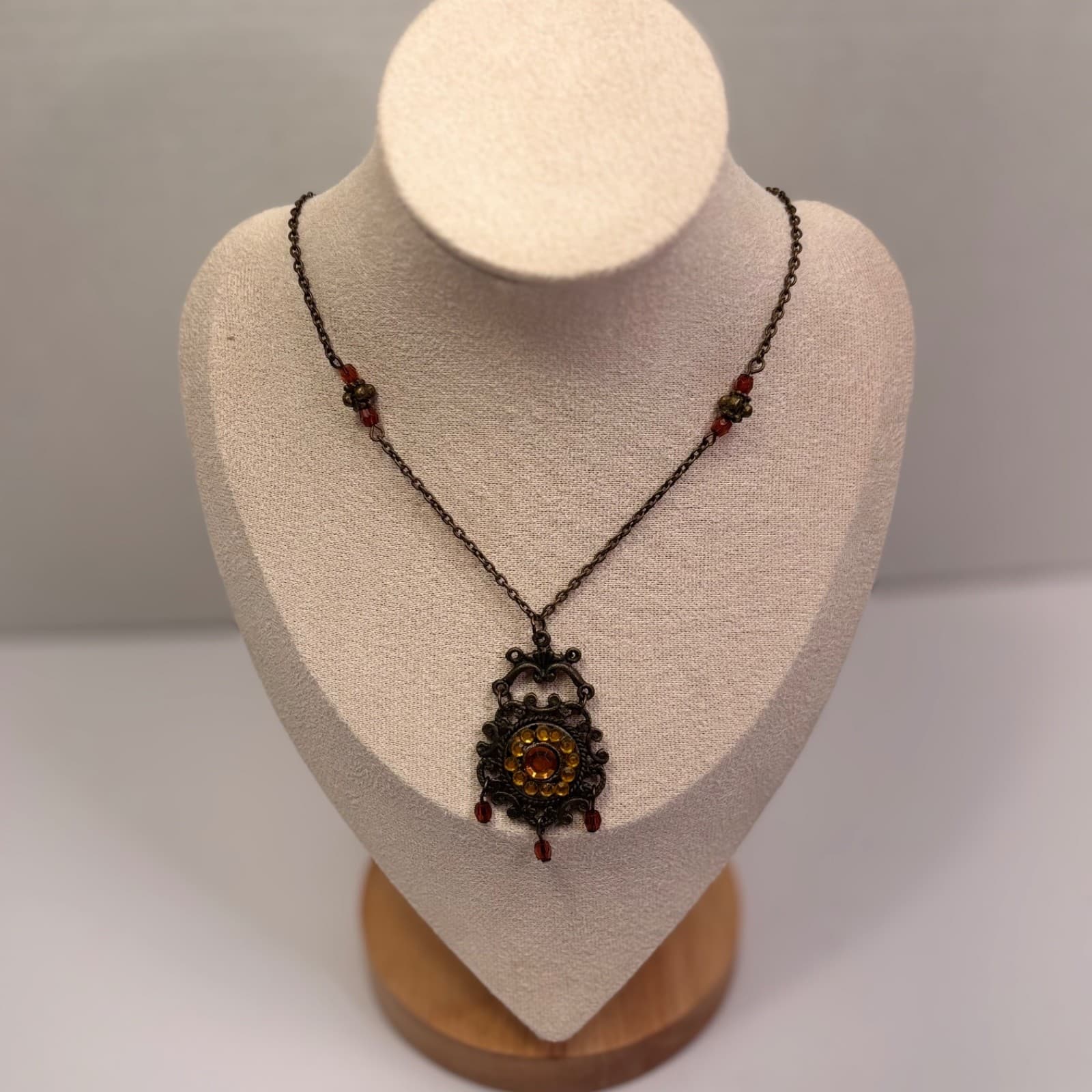 Vintage Bronze Tone Necklace w/ Amber & Red Glass Beads Pendant - Thumbnail 2