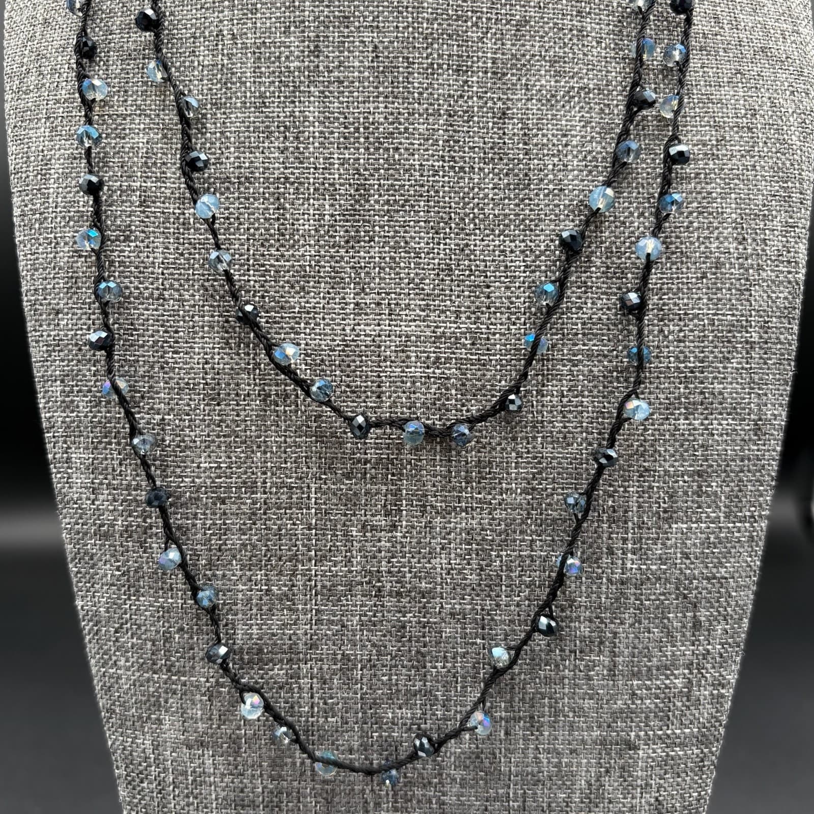 Vintage Handmade Black Cord Necklace with Iridescent Blue Beads Layered Boho - Thumbnail 3