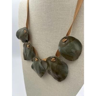 Necklace Olive Green Earthy Statement Organic Ceramic Style Ribbon Adjustable - Thumbnail 6