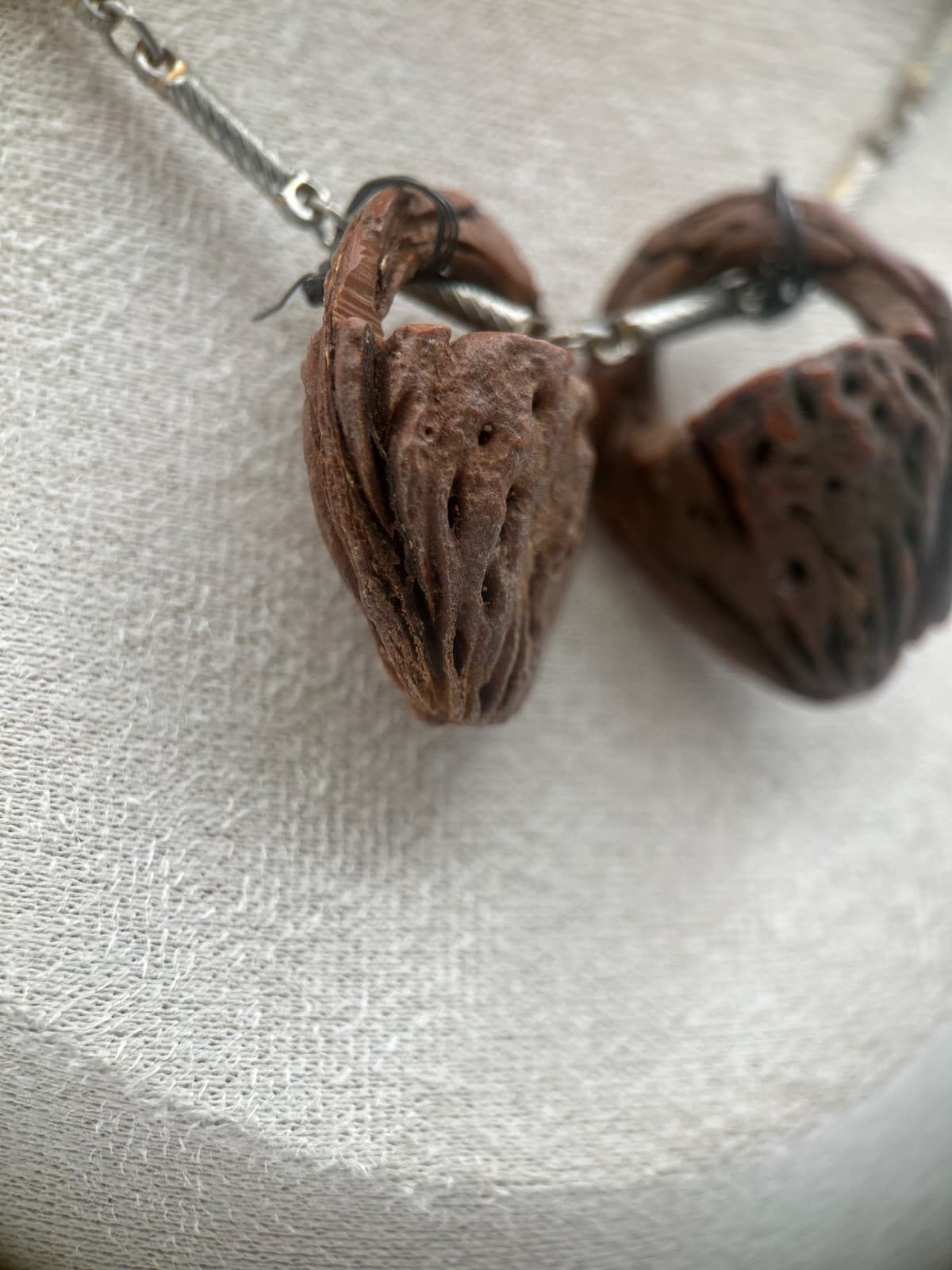 Vintage Multi Strand Wood Nut Carved Heart Pendant Chain Necklace Boho - Thumbnail 4