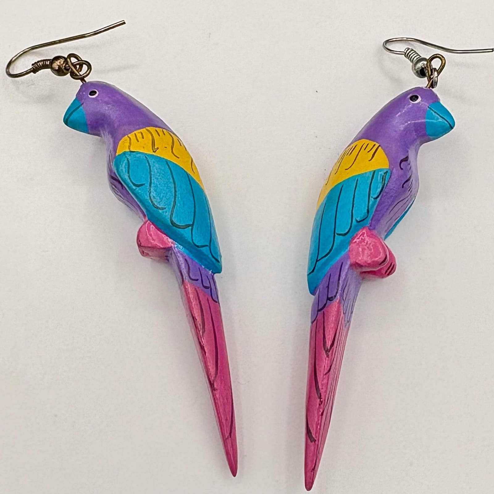 Vintage Colorful Hand-Painted Carved Wood Parrot Bird Dangle Earrings Maximalist - Thumbnail 2