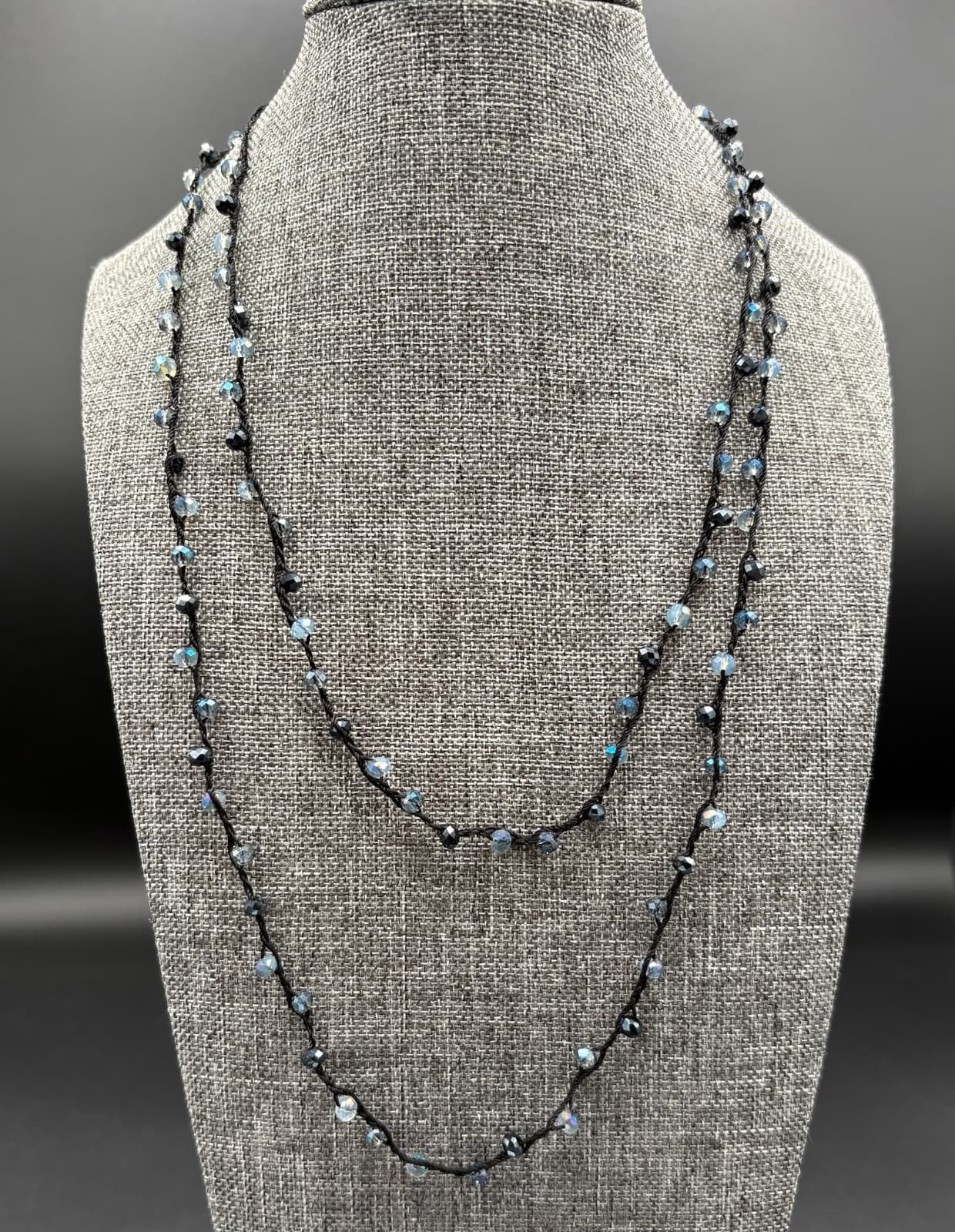 Vintage Handmade Black Cord Necklace with Iridescent Blue Beads Layered Boho - Thumbnail 2