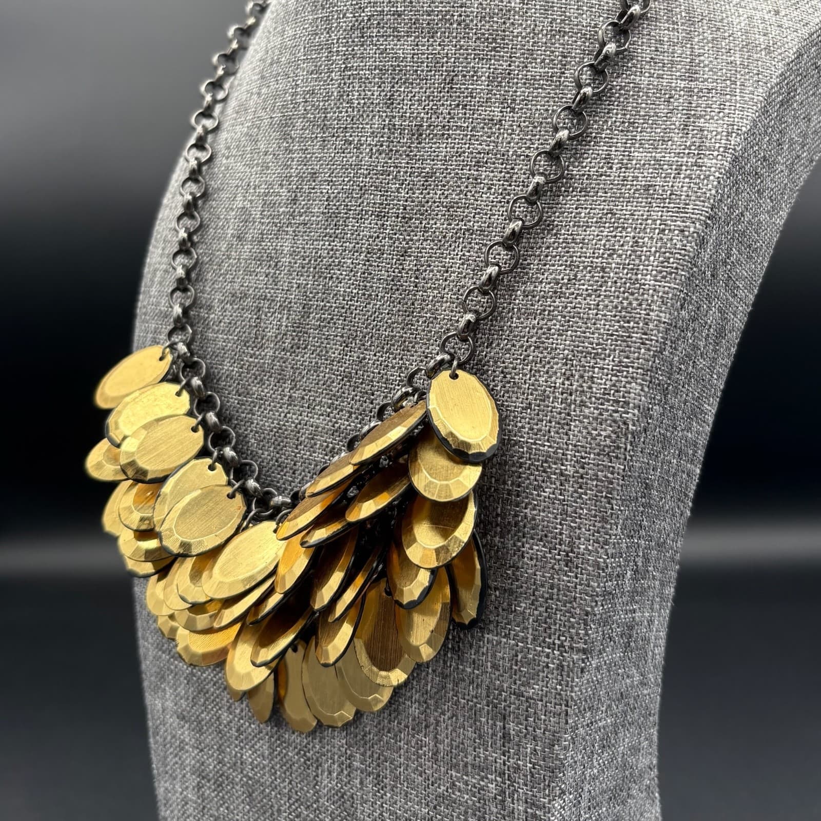 Vintage Art Deco Brass Tone Graduated Disc Bib Necklace Chunky Maximalist - Thumbnail 4