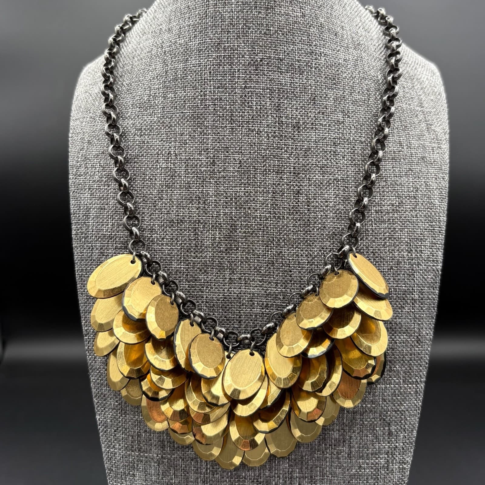 Vintage Art Deco Brass Tone Graduated Disc Bib Necklace Chunky Maximalist - Thumbnail 2