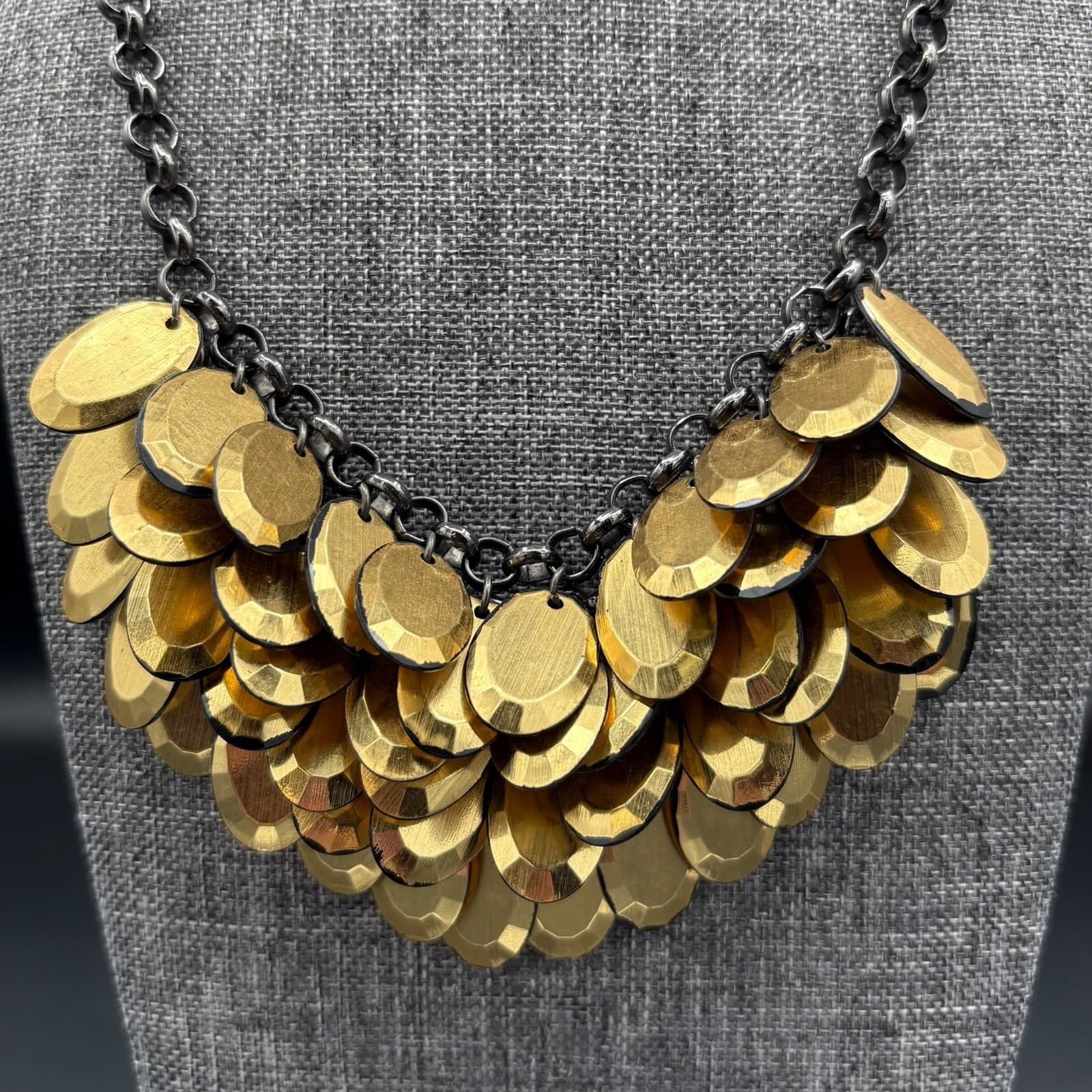 Vintage Art Deco Brass Tone Graduated Disc Bib Necklace Chunky Maximalist - Thumbnail 3