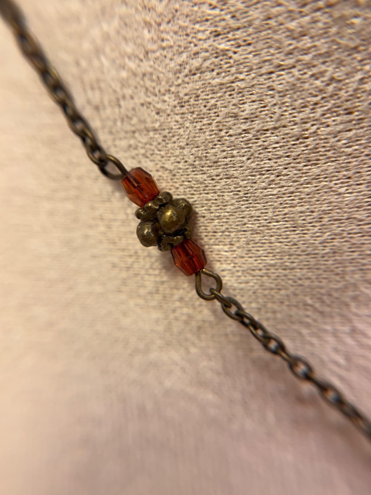 Vintage Bronze Tone Necklace w/ Amber & Red Glass Beads Pendant - Thumbnail 7