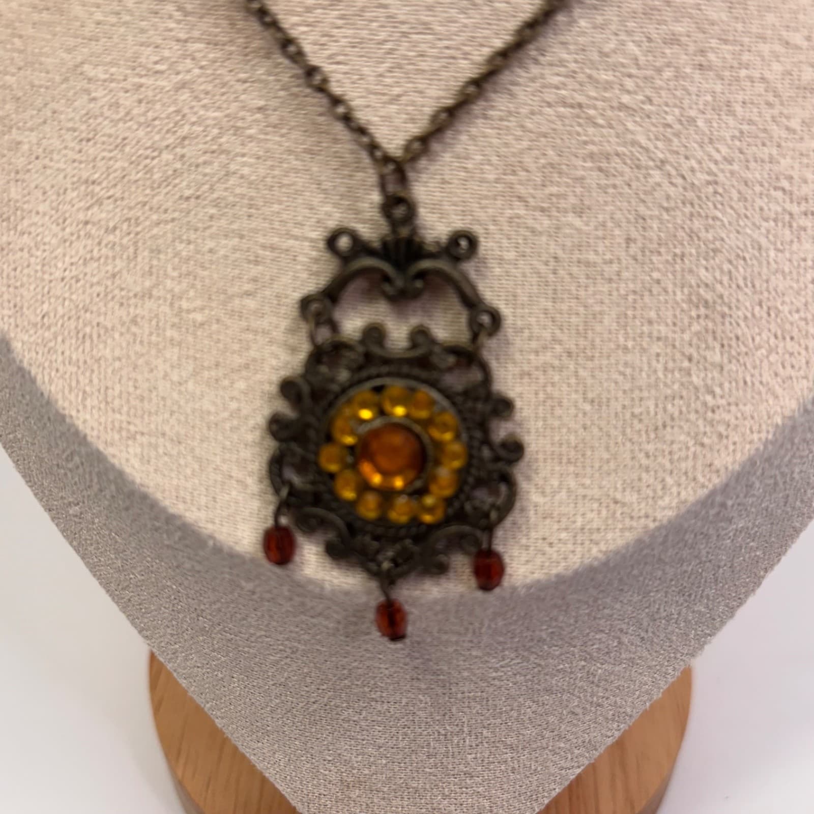 Vintage Bronze Tone Necklace w/ Amber & Red Glass Beads Pendant - Thumbnail 4