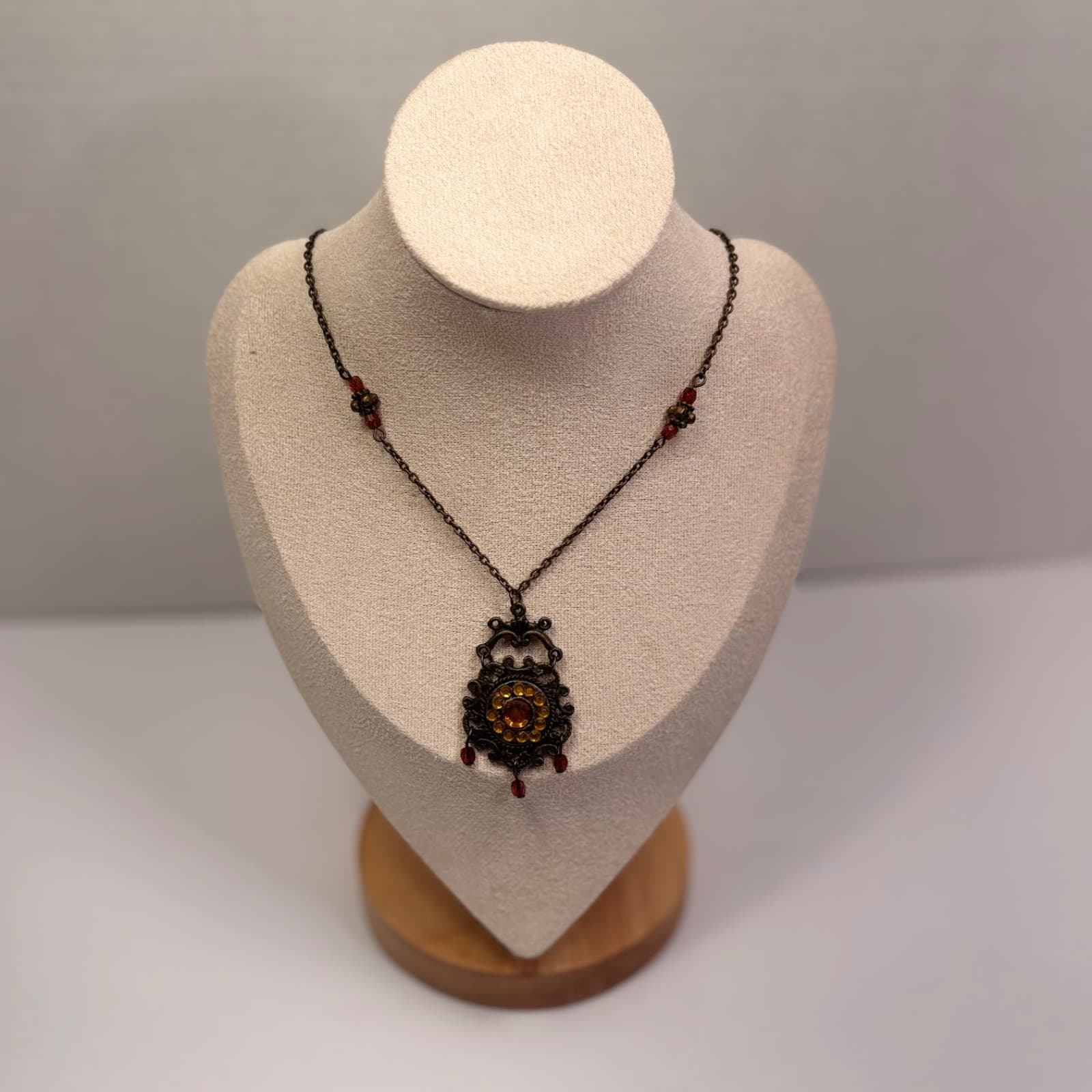 Vintage Bronze Tone Necklace w/ Amber & Red Glass Beads Pendant - Thumbnail 3