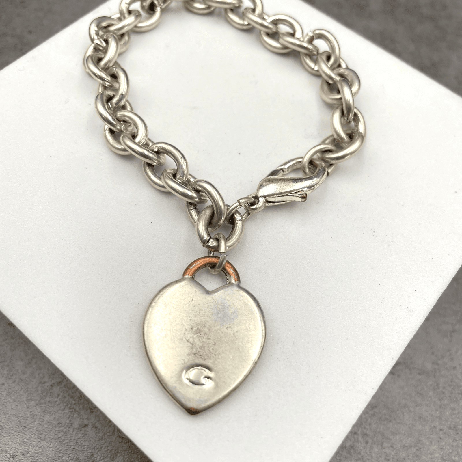 Vintage 90s Chunky "G" Initial Silver Tone Heart Charm Bracelet Statement Chain - Image 1