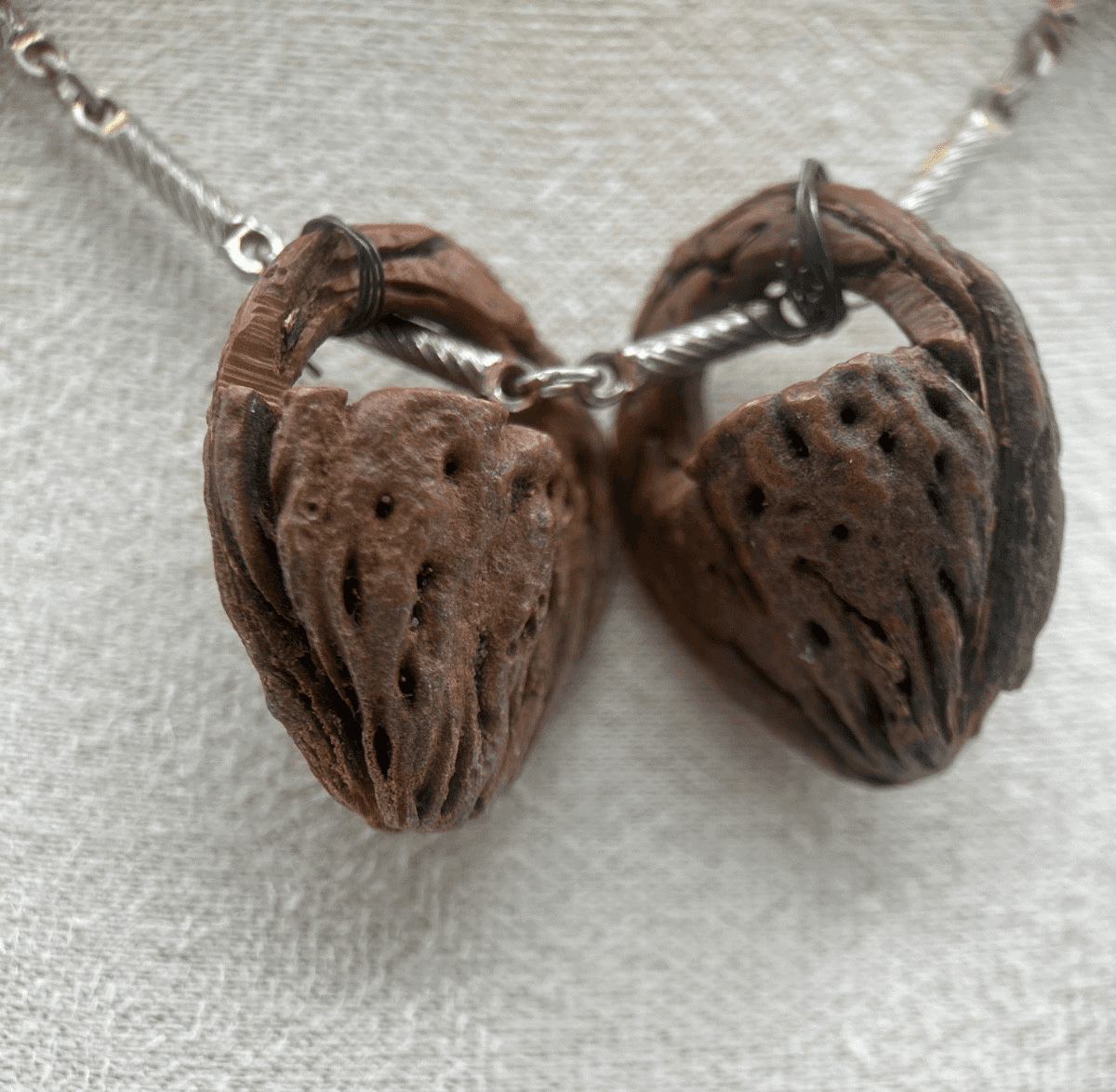 Vintage Multi Strand Wood Nut Carved Heart Pendant Chain Necklace Boho - Thumbnail 2