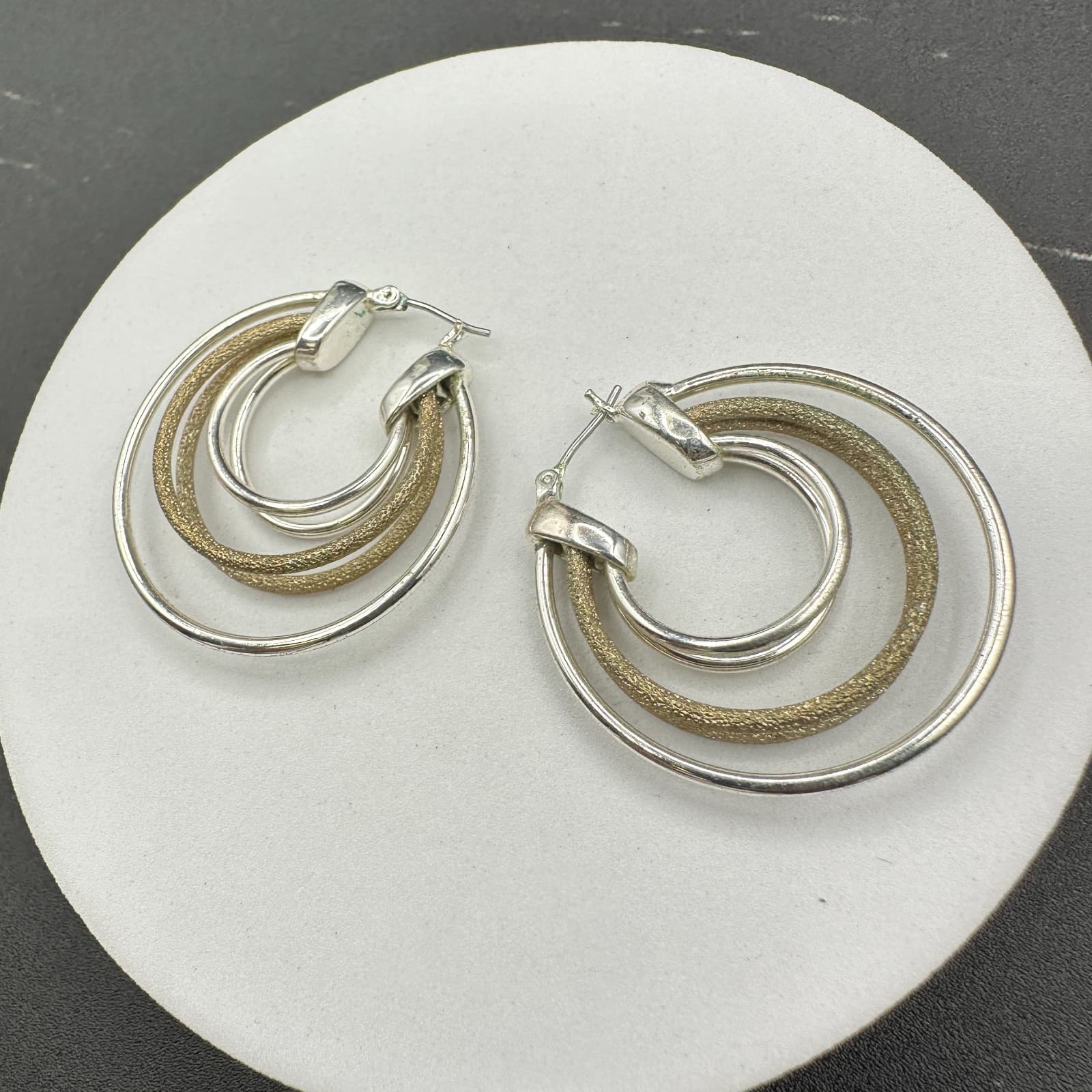 VTG 90s Gold Silver Tone 3-Ring Multi-Hoop Earrings Textured Glitter Statement - Thumbnail 11