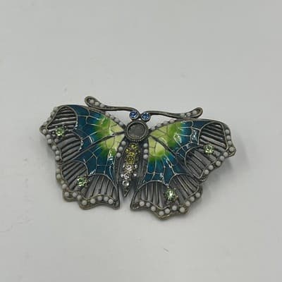 Vintage Butterfly Brooch Pendant Set Cloisonne Enamel Floral Rhinestone 3 Pieces - Thumbnail 4