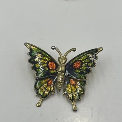 Vintage Butterfly Brooch Pendant Set Cloisonne Enamel Floral Rhinestone 3 Pieces - Thumbnail 3