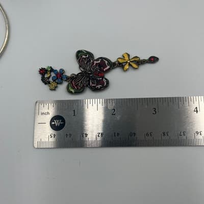 Vintage Butterfly Brooch Pendant Set Cloisonne Enamel Floral Rhinestone 3 Pieces - Thumbnail 9