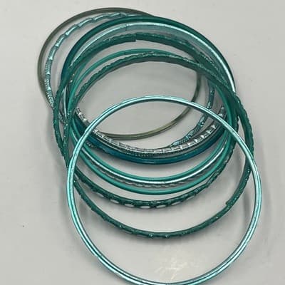 Vintage Teal Bangle Bracelet Set Aqua Green Glitter Textured Stackable 9 Pieces - Thumbnail 10