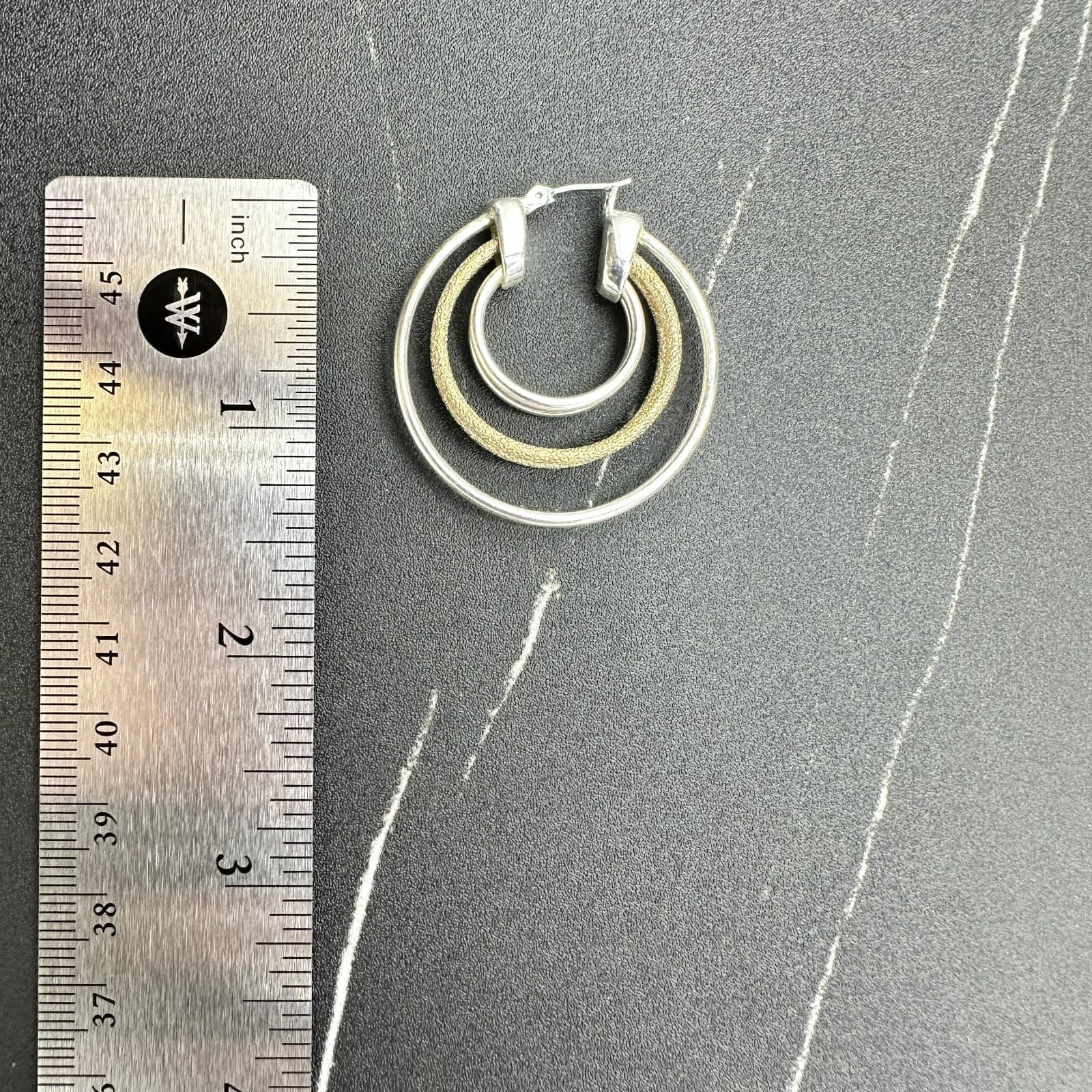 VTG 90s Gold Silver Tone 3-Ring Multi-Hoop Earrings Textured Glitter Statement - Thumbnail 12