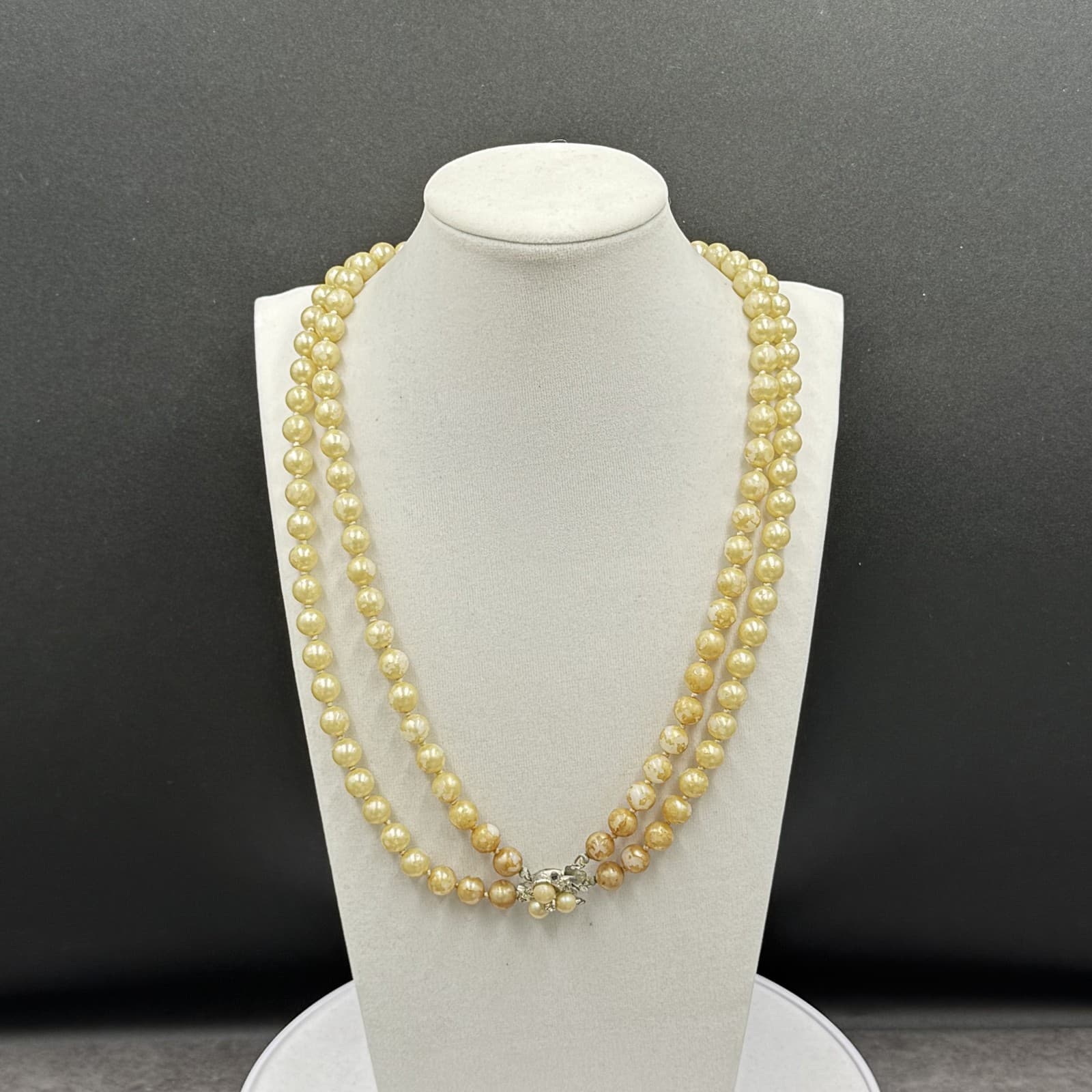Vintage Cream Faux Pearl Marbled Round Bead Double Strand Necklace Floral Clasp - Image 1