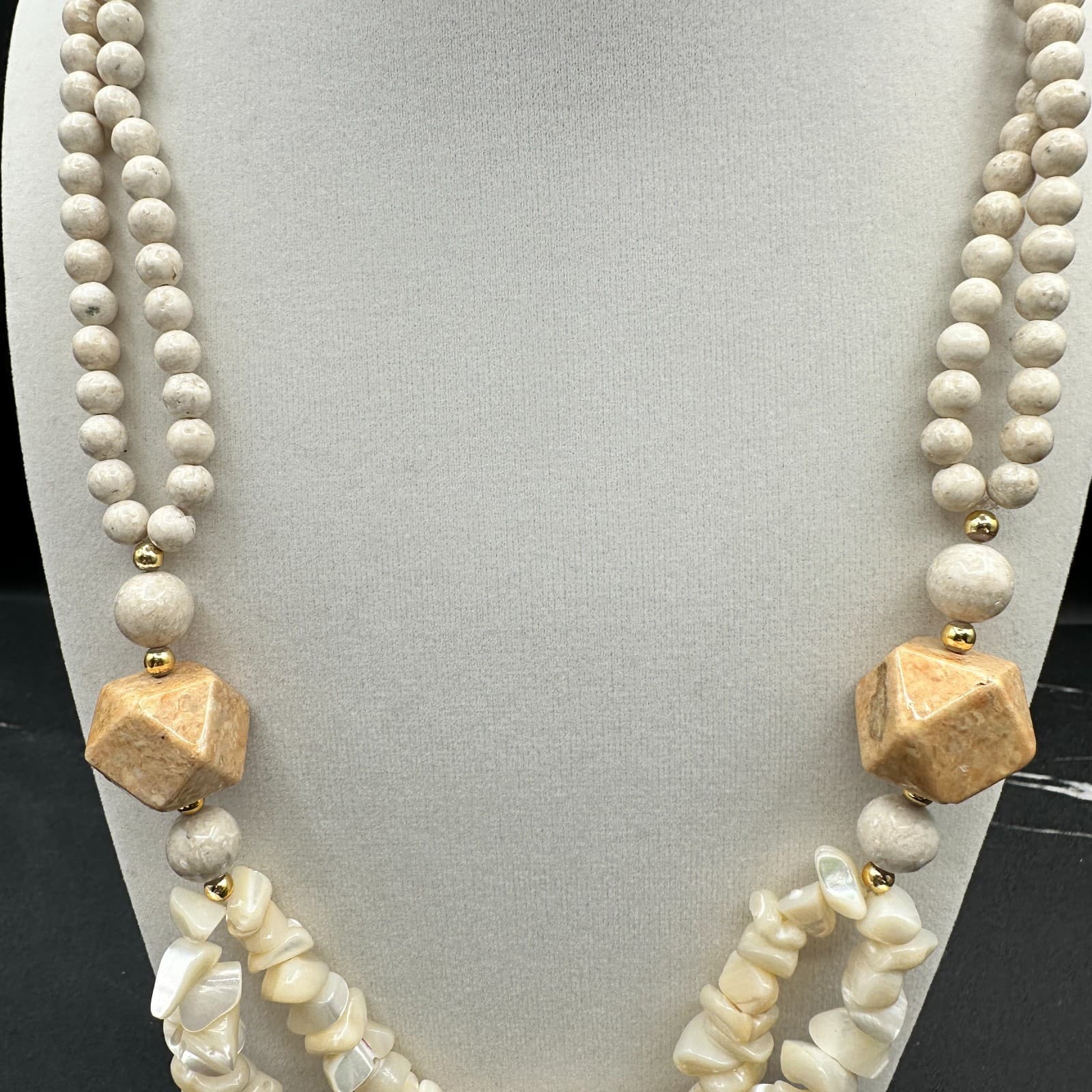 Vintage Mother Pearl Chip Necklace Wood Stone Bead Choker Dual Strand Beige Tan - Thumbnail 4