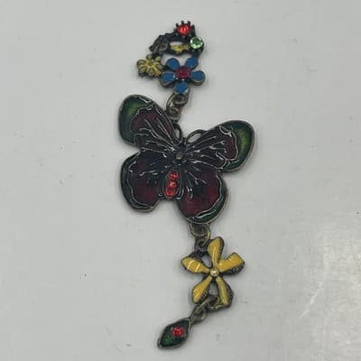 Vintage Butterfly Brooch Pendant Set Cloisonne Enamel Floral Rhinestone 3 Pieces - Thumbnail 2