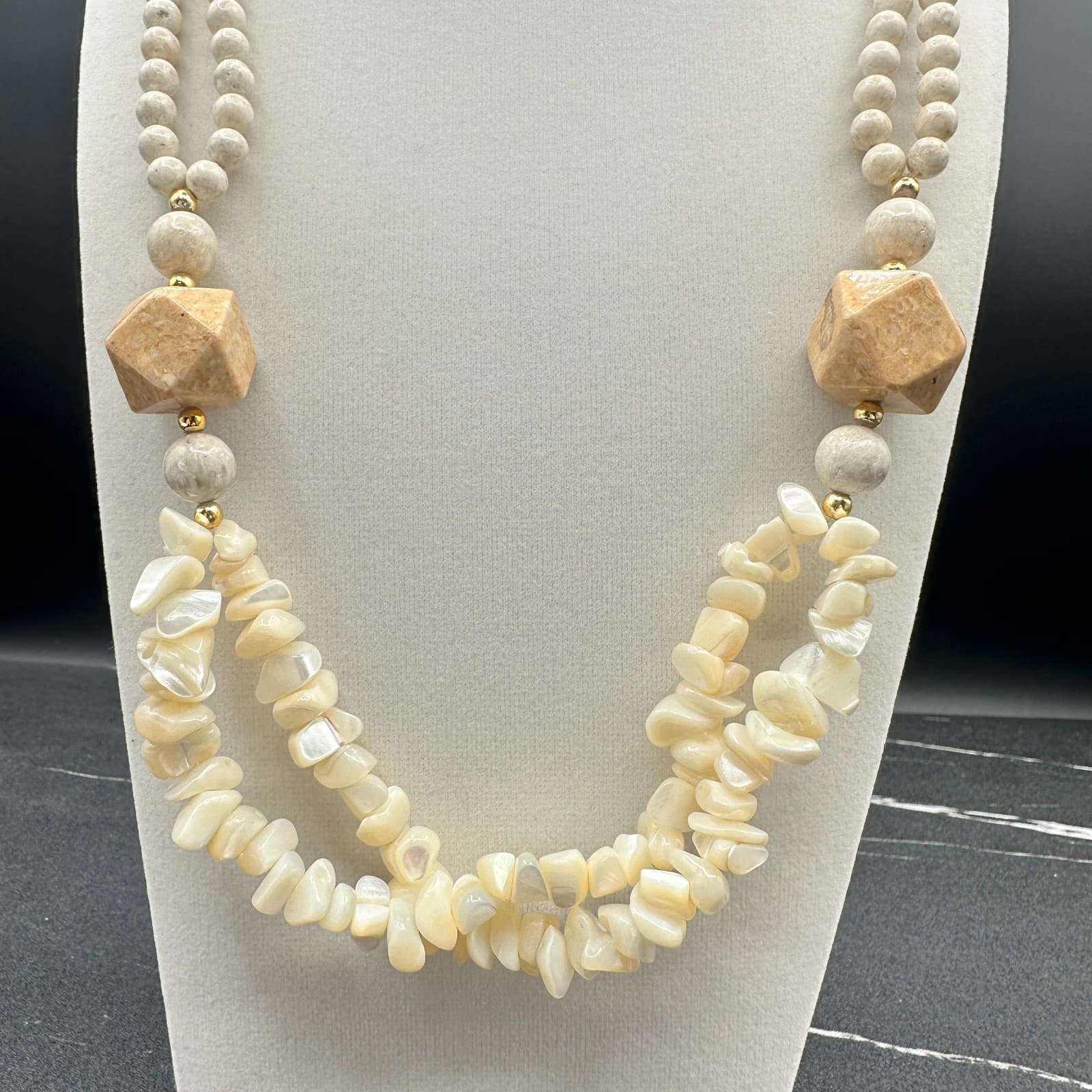 Vintage Mother Pearl Chip Necklace Wood Stone Bead Choker Dual Strand Beige Tan - Thumbnail 3
