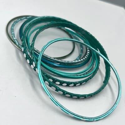 Vintage Teal Bangle Bracelet Set Aqua Green Glitter Textured Stackable 9 Pieces - Image 1