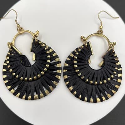 Vintage Boho Black Gold Raffia Dangle Hoop Statement Earrings Glam Maximalist - Image 1