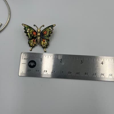 Vintage Butterfly Brooch Pendant Set Cloisonne Enamel Floral Rhinestone 3 Pieces - Thumbnail 8