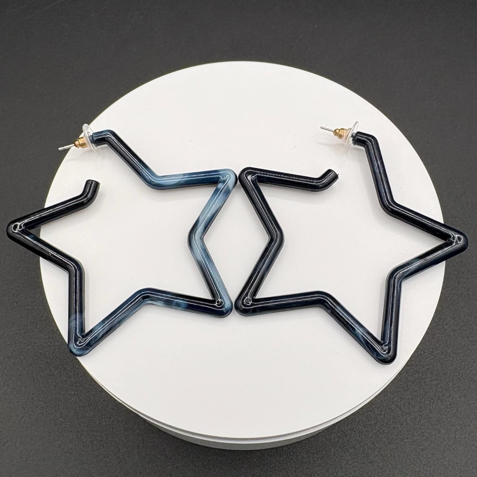 Vintage Chunky Star Hoop Earrings Black & Blue Acrylic Dangle Fashion Jewelry - Thumbnail 2