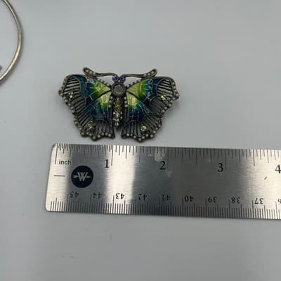 Vintage Butterfly Brooch Pendant Set Cloisonne Enamel Floral Rhinestone 3 Pieces - Thumbnail 10