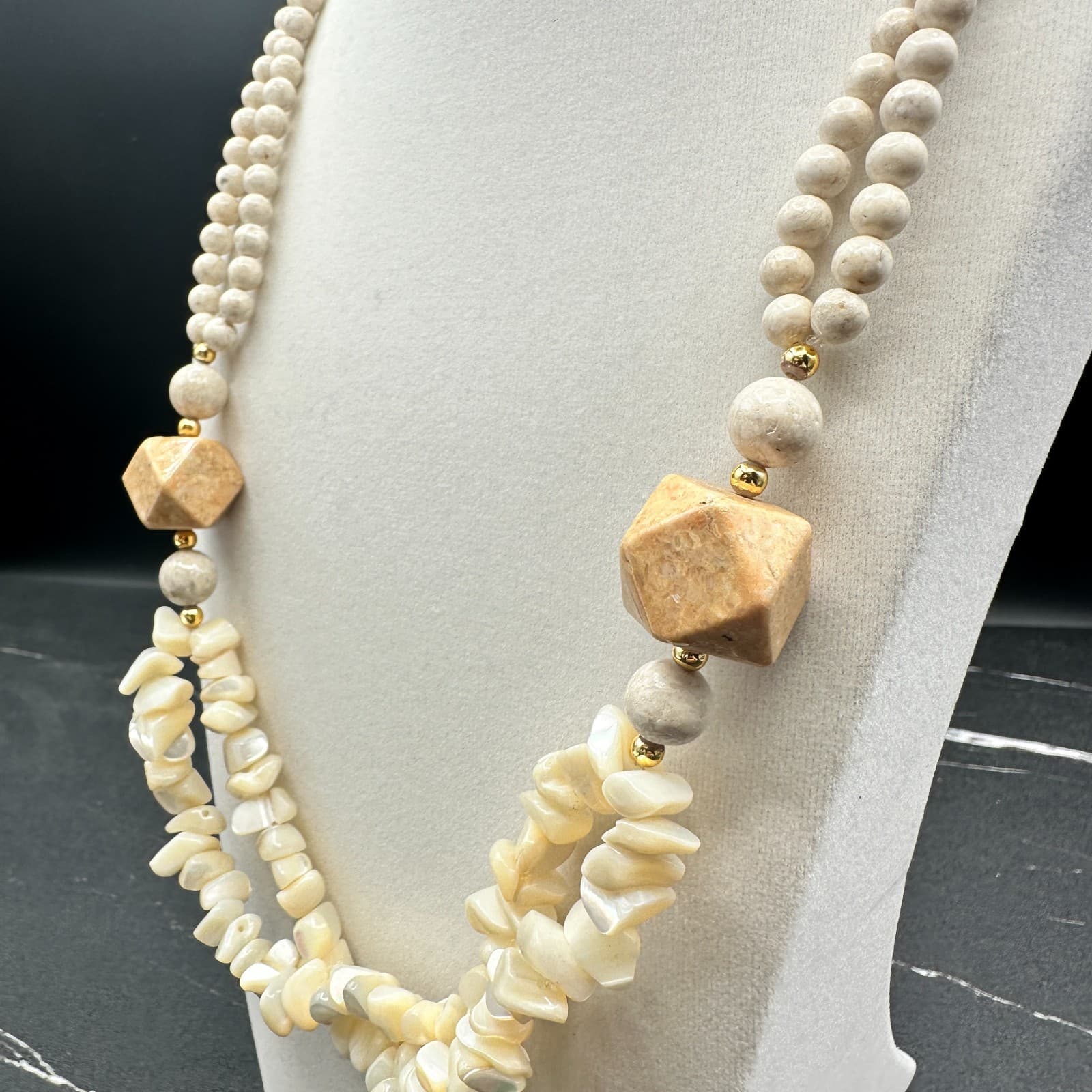 Vintage Mother Pearl Chip Necklace Wood Stone Bead Choker Dual Strand Beige Tan - Thumbnail 7