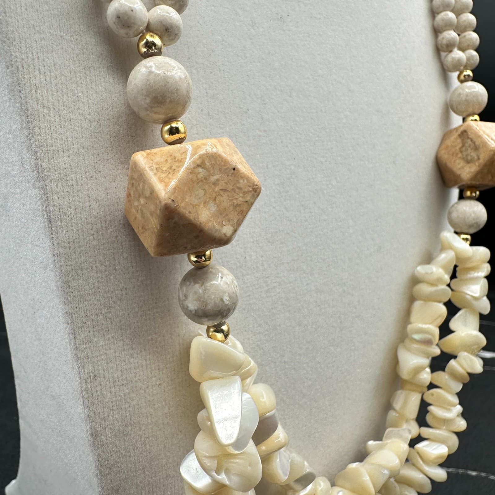 Vintage Mother Pearl Chip Necklace Wood Stone Bead Choker Dual Strand Beige Tan - Thumbnail 6