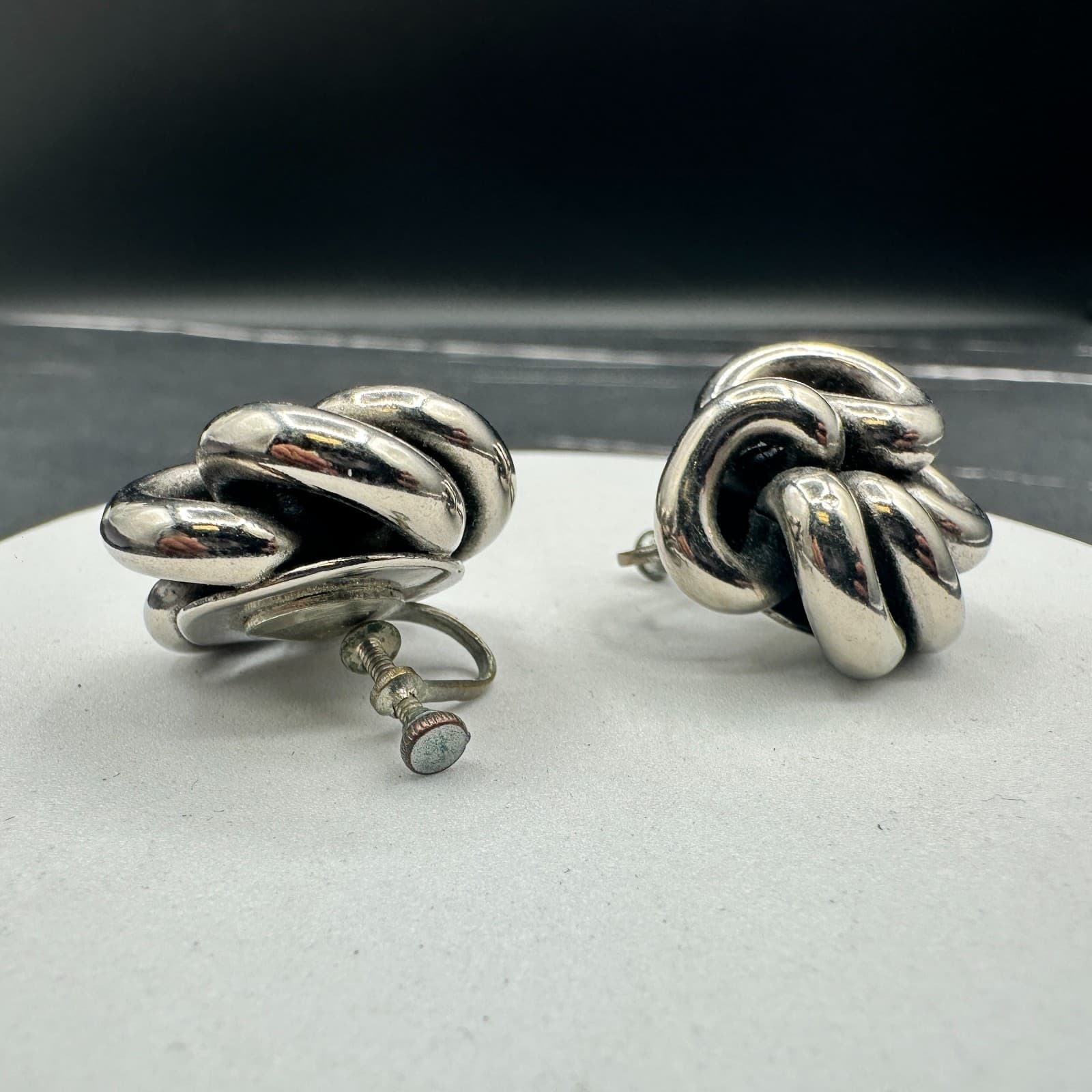 Vintage Silver Tone Knot Earrings Chunky Modernist 70s Screwback Statement - Thumbnail 5