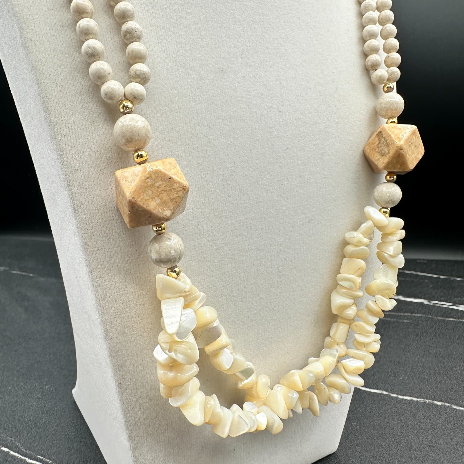 Vintage Mother Pearl Chip Necklace Wood Stone Bead Choker Dual Strand Beige Tan - Thumbnail 5