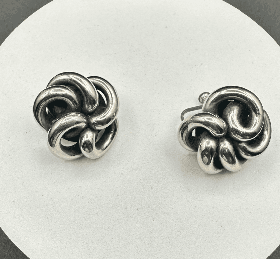 Vintage Silver Tone Knot Earrings Chunky Modernist 70s Screwback Statement - Image 1