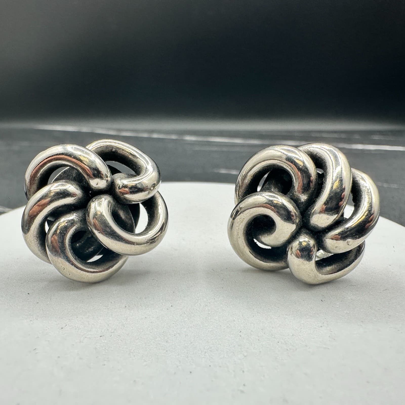 Vintage Silver Tone Knot Earrings Chunky Modernist 70s Screwback Statement - Thumbnail 7