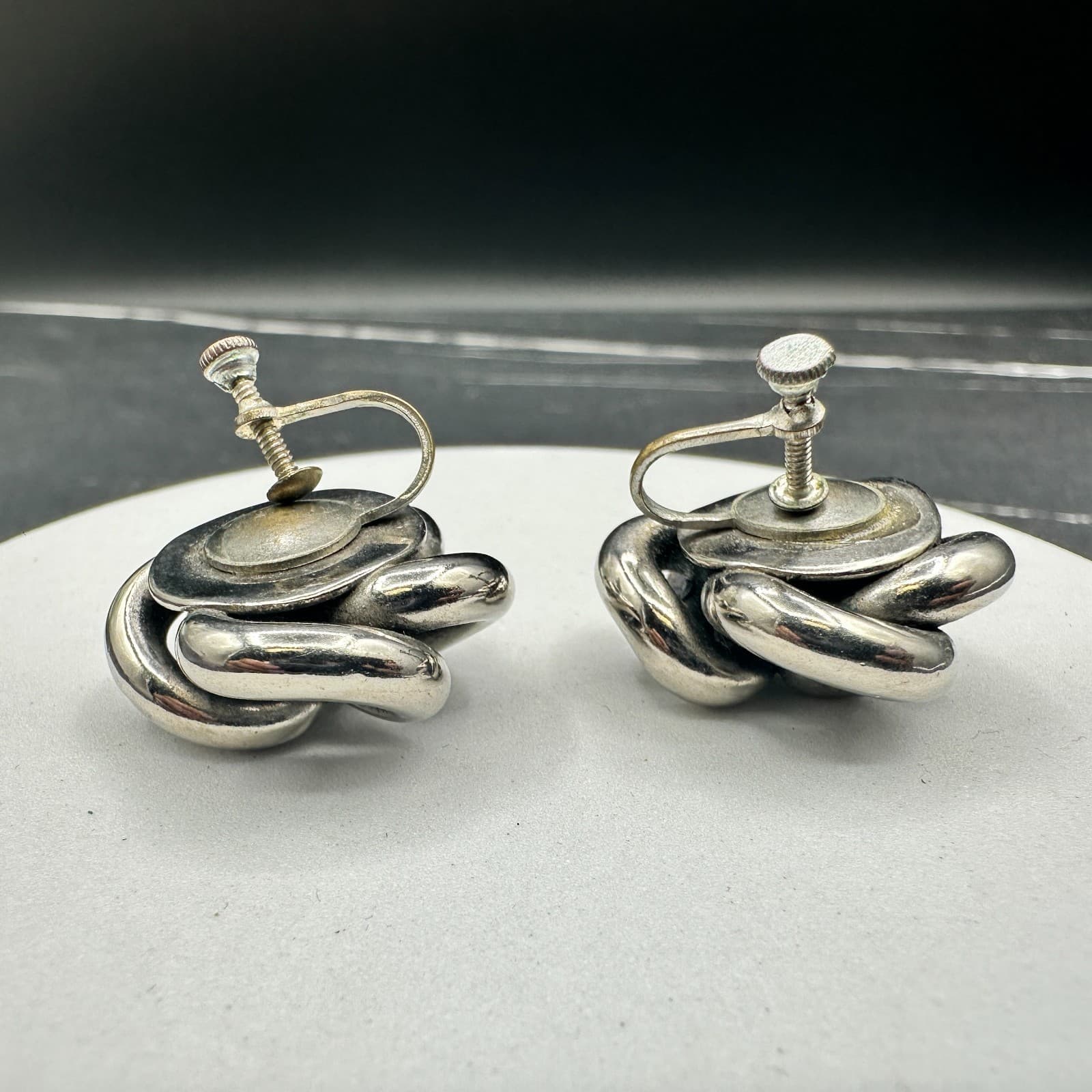 Vintage Silver Tone Knot Earrings Chunky Modernist 70s Screwback Statement - Thumbnail 6