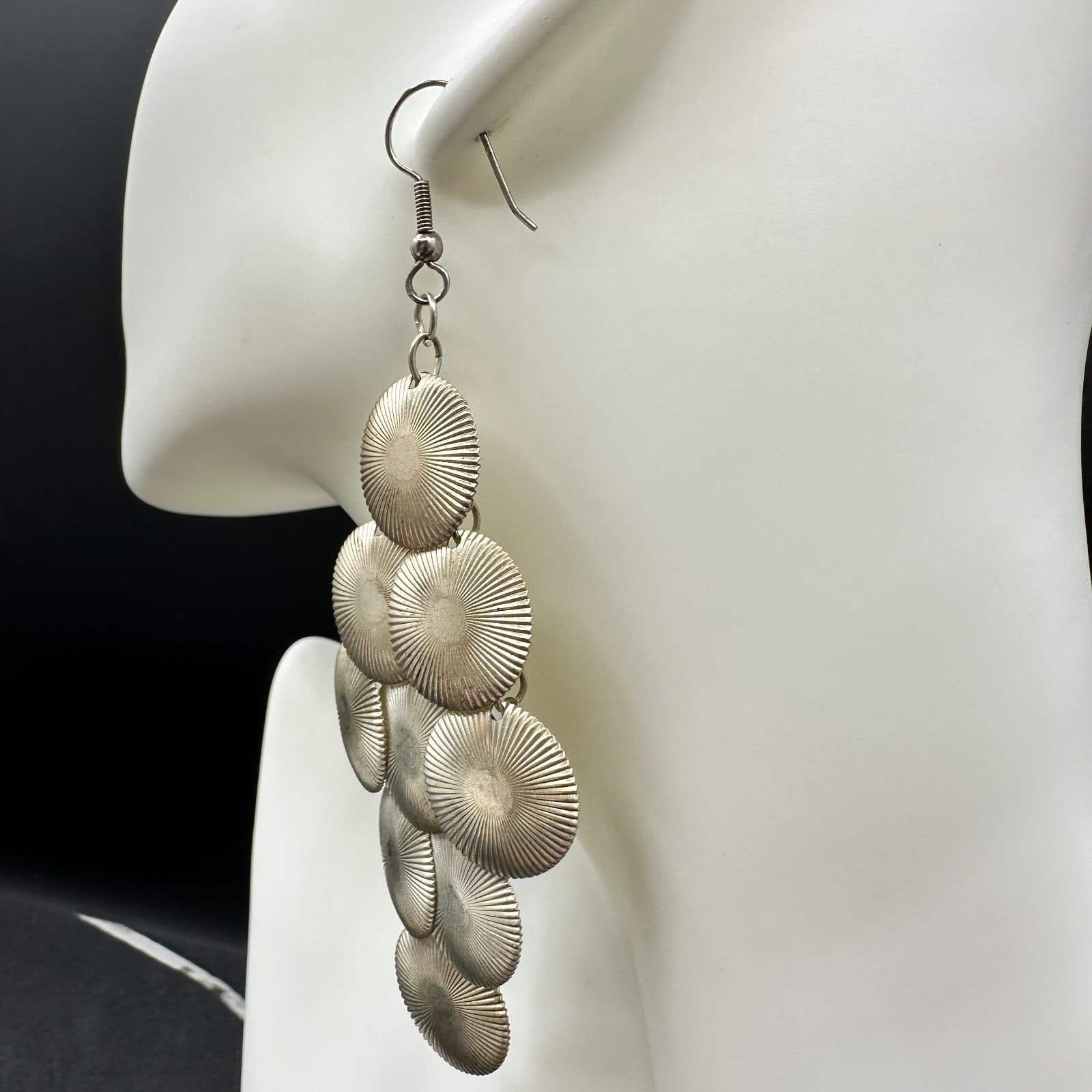 VTG Silver Tone Disc Dangle Earrings Women Boho Long Chandelier Jewelry - Thumbnail 7