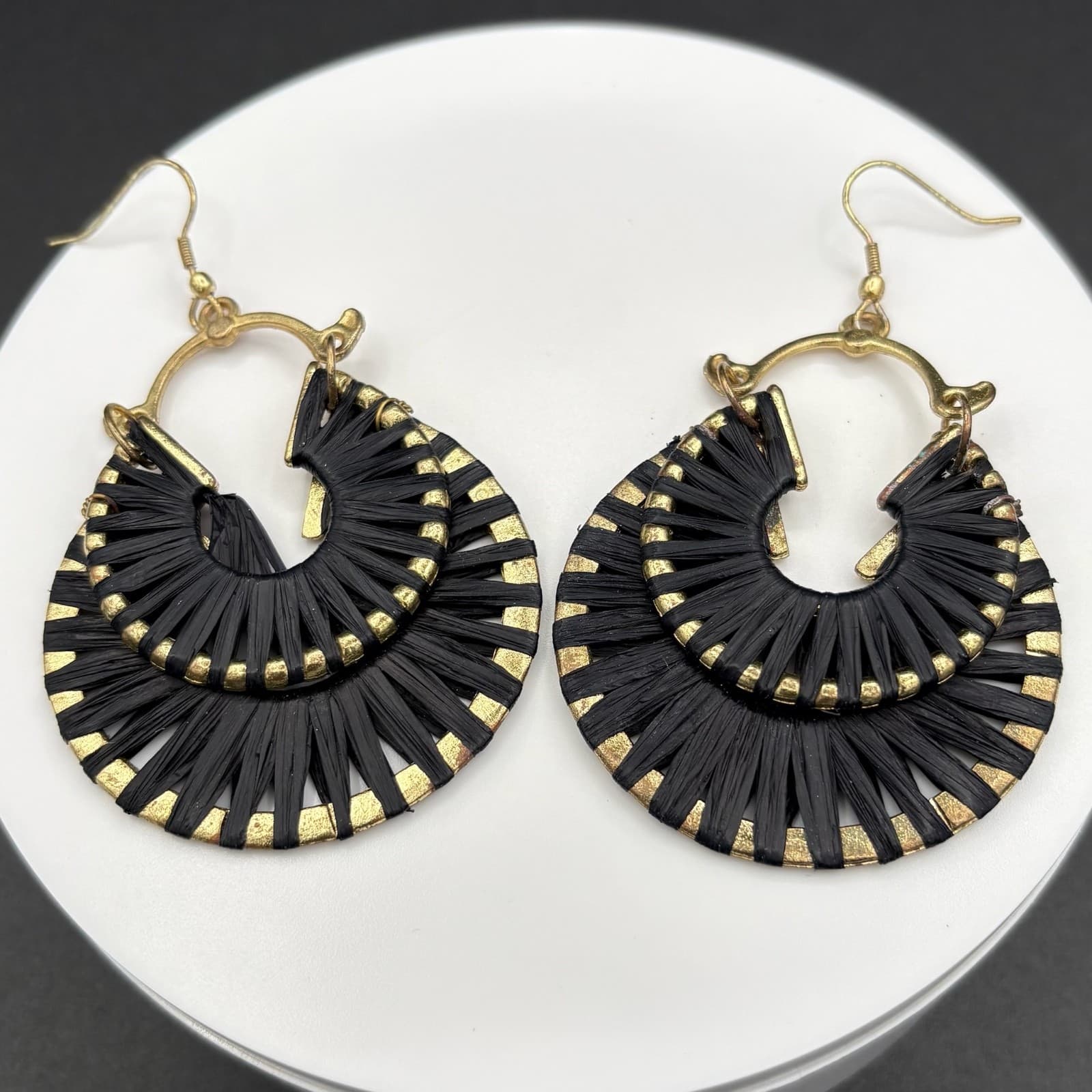 Vintage Boho Black Gold Raffia Dangle Hoop Statement Earrings Glam Maximalist - Thumbnail 2