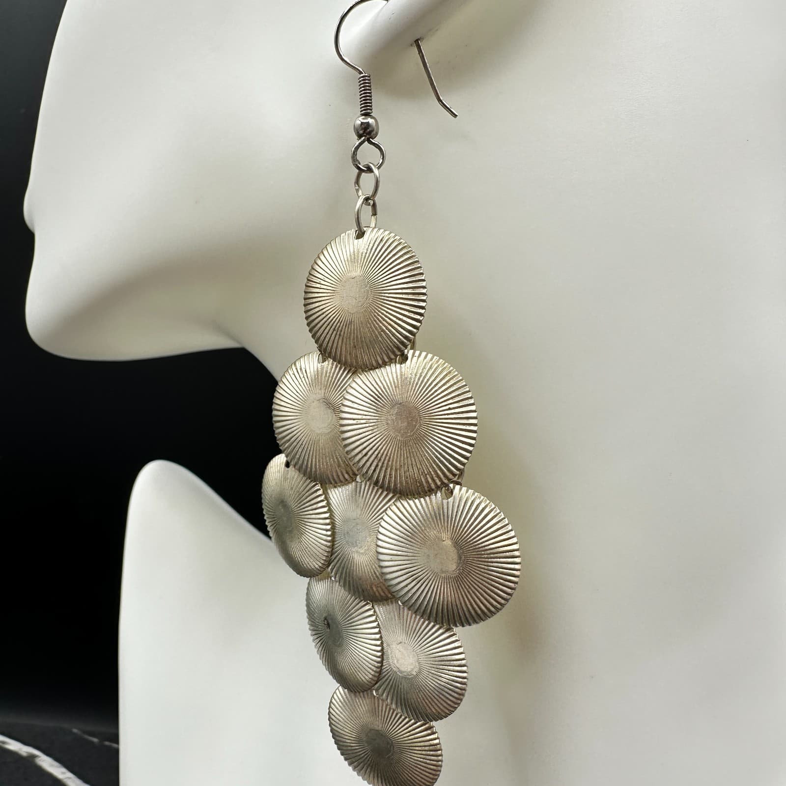 VTG Silver Tone Disc Dangle Earrings Women Boho Long Chandelier Jewelry - Thumbnail 6