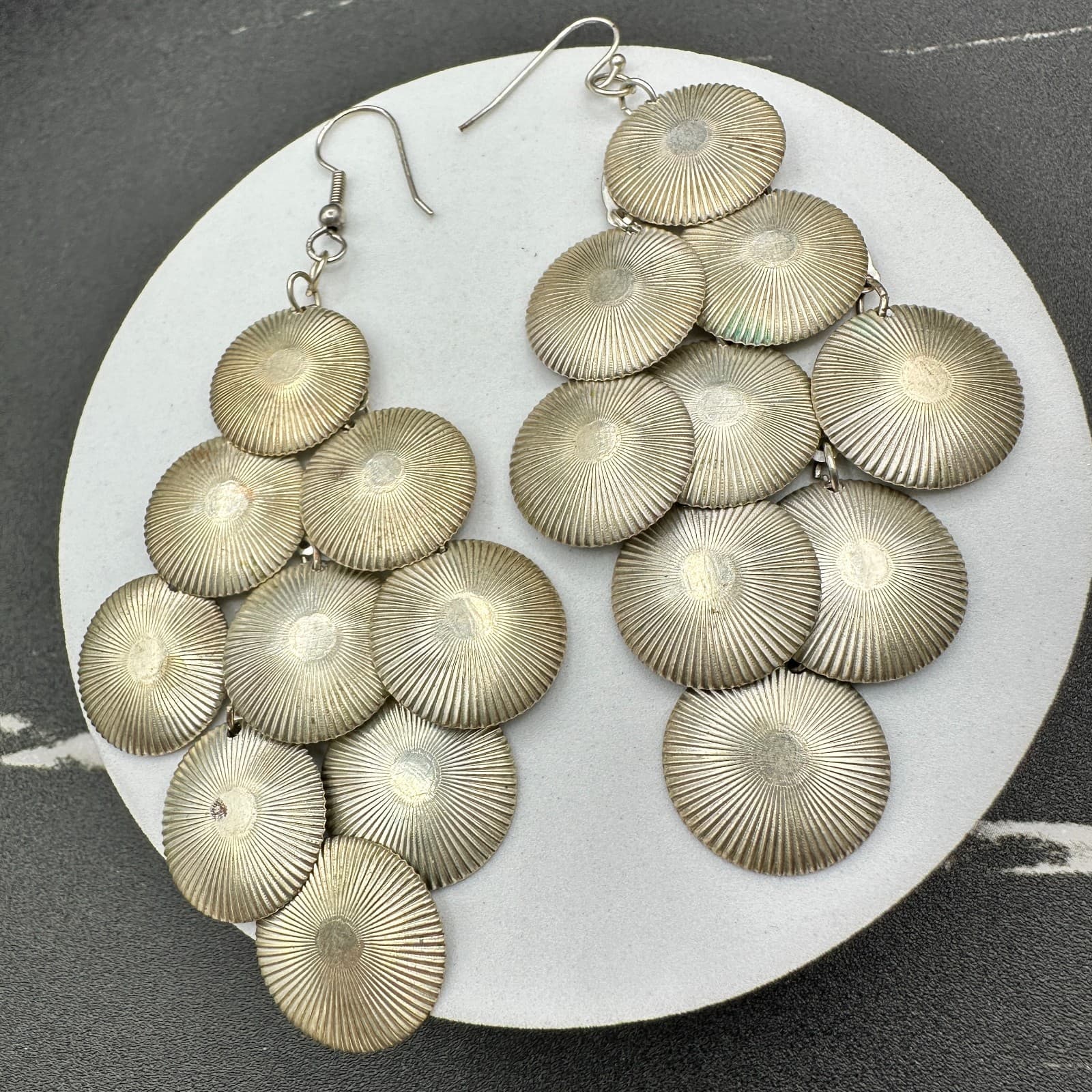 VTG Silver Tone Disc Dangle Earrings Women Boho Long Chandelier Jewelry - Thumbnail 15