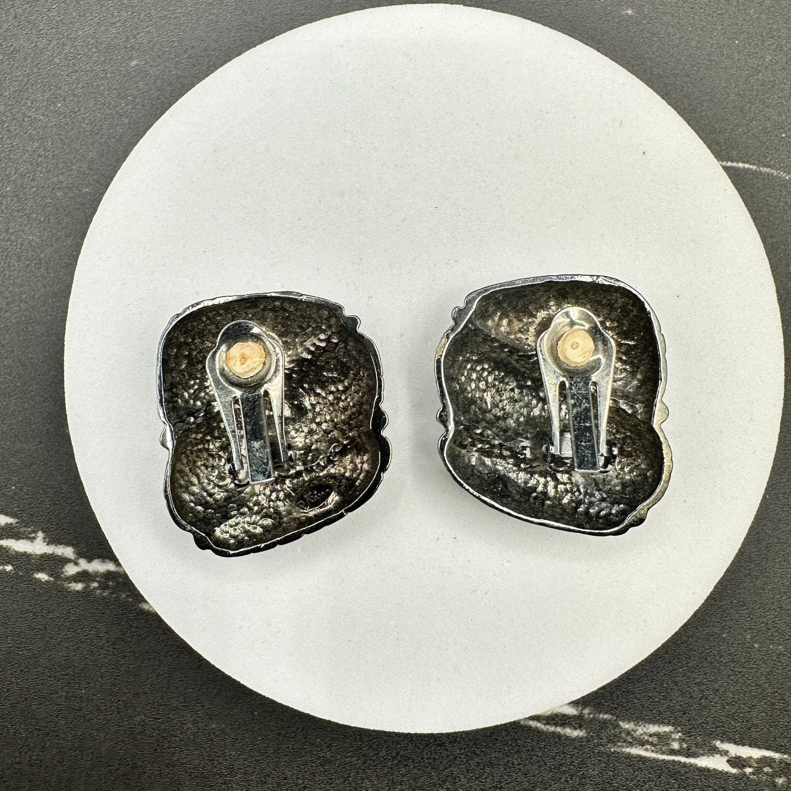 VTG 90s Silver Tone Large Statement Earrings Textured Reptile Skin Jewelry - Thumbnail 8