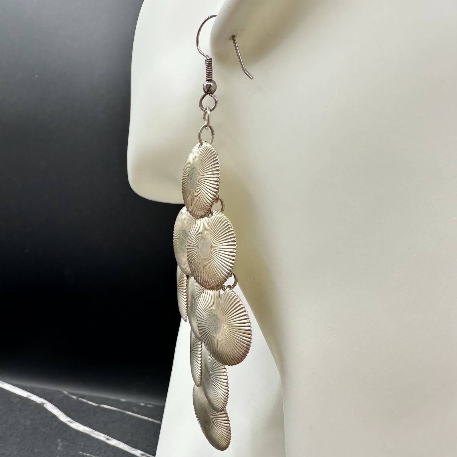 VTG Silver Tone Disc Dangle Earrings Women Boho Long Chandelier Jewelry - Thumbnail 8