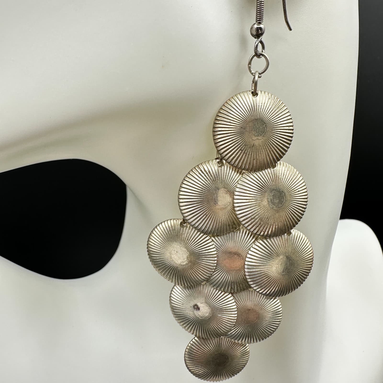 VTG Silver Tone Disc Dangle Earrings Women Boho Long Chandelier Jewelry - Thumbnail 5