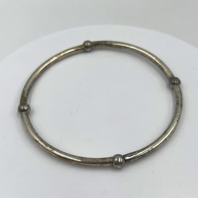 Vintage Silver Tone Bead Station Bangle Bracelet Minimalist Stackable Jewelry - Image 1