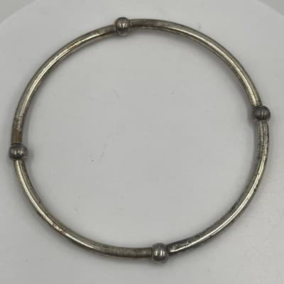 Vintage Silver Tone Bead Station Bangle Bracelet Minimalist Stackable Jewelry - Thumbnail 2