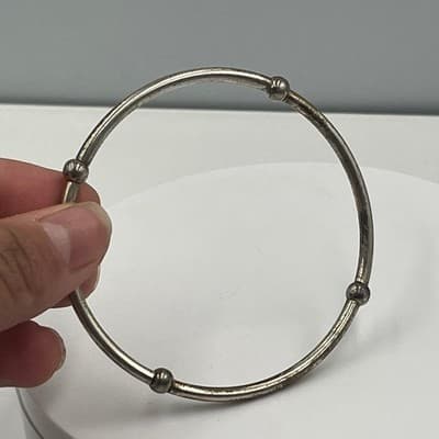 Vintage Silver Tone Bead Station Bangle Bracelet Minimalist Stackable Jewelry - Thumbnail 4