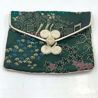Vintage Green Silk Brocade Jewelry Pouch Asian Floral Landscape Frog Closure Bag - Image 1