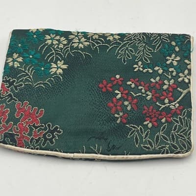 Vintage Green Silk Brocade Jewelry Pouch Asian Floral Landscape Frog Closure Bag - Thumbnail 5