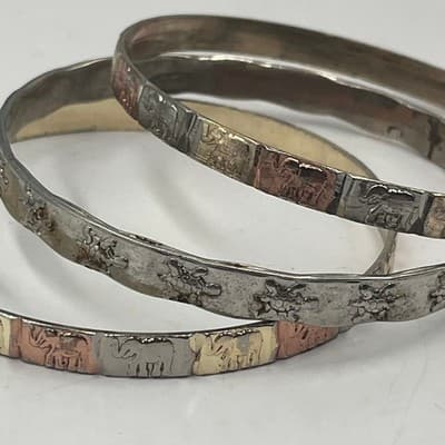 Vintage Tri-Tone Bangle Bracelet Set 3pc Elephant & Turtle Animal Motif Jewelry - Thumbnail 4