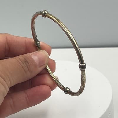 Vintage Silver Tone Bead Station Bangle Bracelet Minimalist Stackable Jewelry - Thumbnail 5